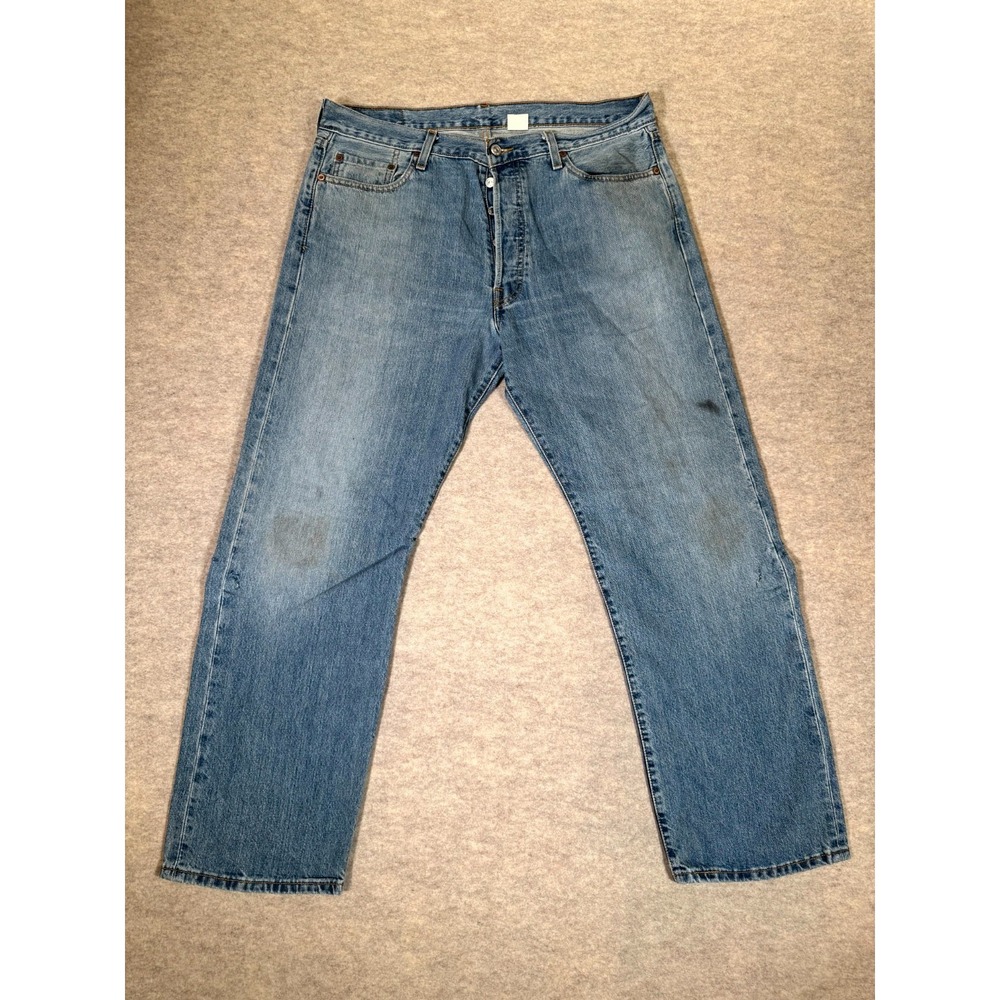 Levis 501 Jeans Mens 36x30 Blue Light Wash Button Fly Straight Leg Distressed